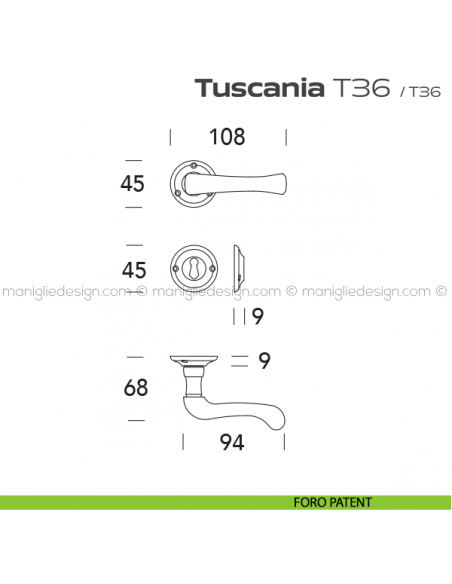 Maniglia per porta T36 Tuscania Reguitti con viti a vista foro patent