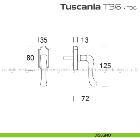 Maniglia per finestra martellina DK T36 Tuscania Reguitti disegno