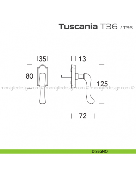 Maniglia per finestra martellina DK T36 Tuscania Reguitti disegno