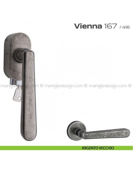 Maniglia per finestra martellina DK con chiave su placca 167 Vienna Reguitti argento vecchio