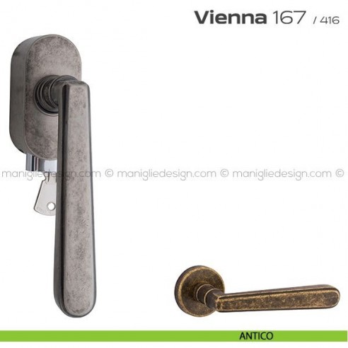 Maniglia per finestra martellina DK con chiave su placca 167 Vienna Reguitti antico