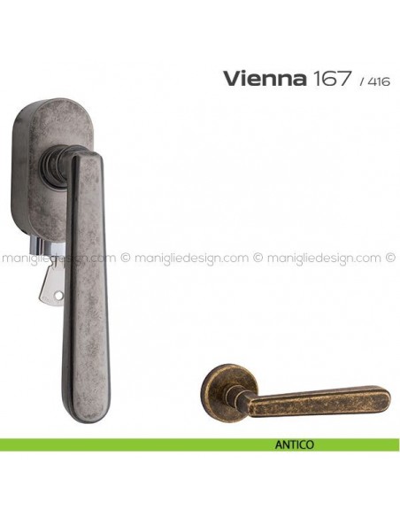Maniglia per finestra martellina DK con chiave su placca 167 Vienna Reguitti antico