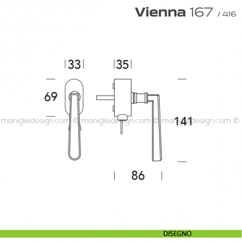 Maniglia per finestra martellina DK con chiave su placca 167 Vienna Reguitti disegno