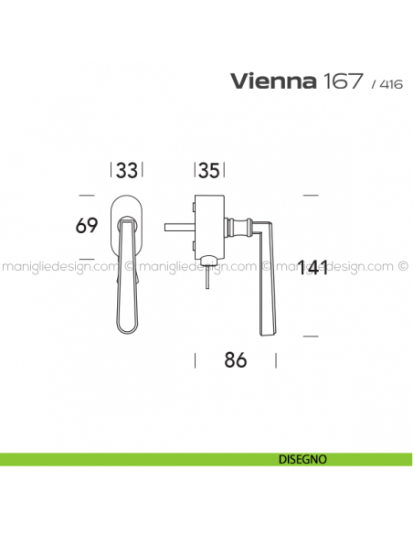 Maniglia per finestra martellina DK con chiave su placca 167 Vienna Reguitti disegno
