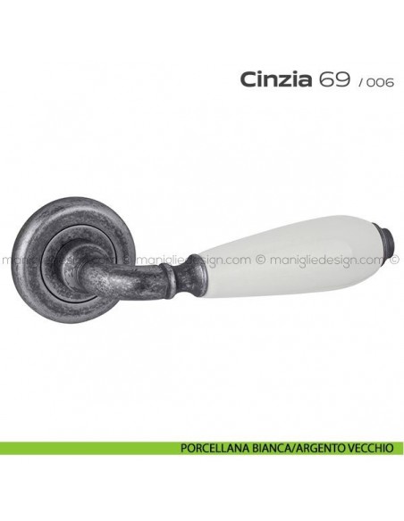 Maniglia porcellana per porta 069 Cinzia Reguitti rosetta ad avvitare porcellana bianca/argento vecchio