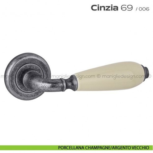 Maniglia porcellana per porta 069 Cinzia Reguitti rosetta ad avvitare porcellana champagne/argento vecchio