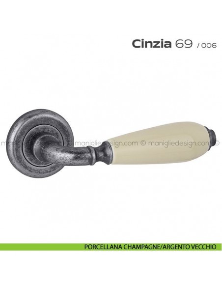 Maniglia porcellana per porta 069 Cinzia Reguitti rosetta ad avvitare porcellana champagne/argento vecchio