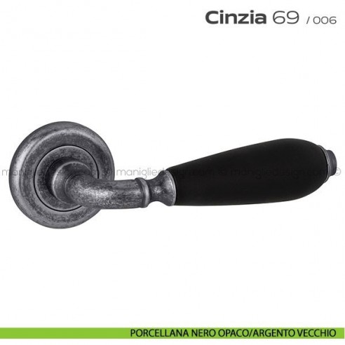 Maniglia porcellana per porta 069 Cinzia Reguitti rosetta ad avvitare porcellana nero opaco/argento vecchio