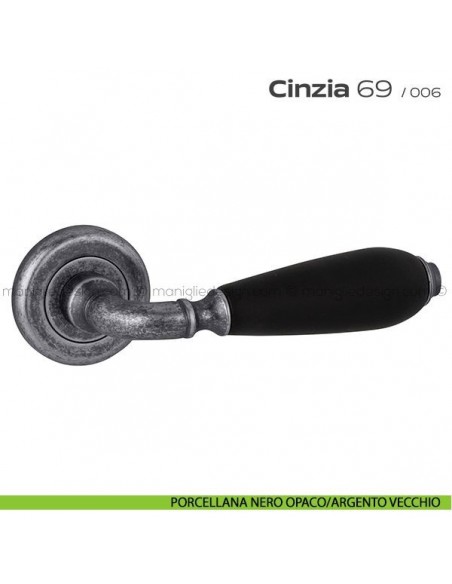 Maniglia porcellana per porta 069 Cinzia Reguitti rosetta ad avvitare porcellana nero opaco/argento vecchio