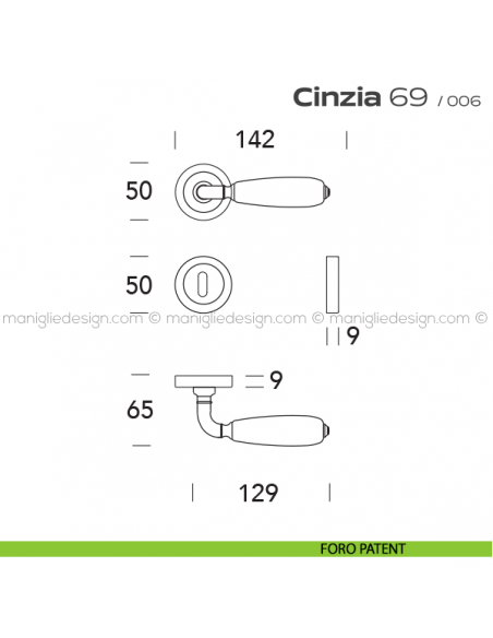 Maniglia porcellana per porta 069 Cinzia Reguitti rosetta ad avvitare foro patent