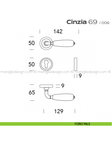 Maniglia porcellana per porta 069 Cinzia Reguitti rosetta ad avvitare foro yale
