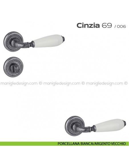 Maniglia porcellana per porta con nottolino 69 Cinzia Reguitti rosetta ad avvitare porcellana bianca/argento vecchio