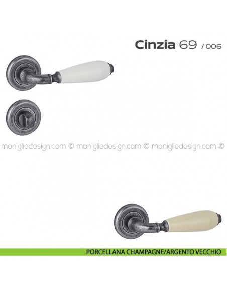 Maniglia porcellana per porta con nottolino 69 Cinzia Reguitti rosetta ad avvitare porcellana champagne/argento vecchio