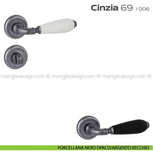 Maniglia porcellana per porta con nottolino 69 Cinzia Reguitti rosetta ad avvitare porcellana nero opaco/argento vecchio