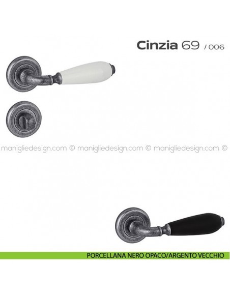Maniglia porcellana per porta con nottolino 69 Cinzia Reguitti rosetta ad avvitare porcellana nero opaco/argento vecchio