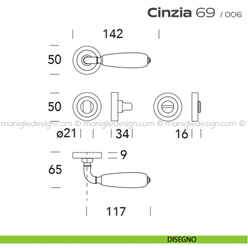 Maniglia porcellana per porta con nottolino 69 Cinzia Reguitti rosetta ad avvitare disegno