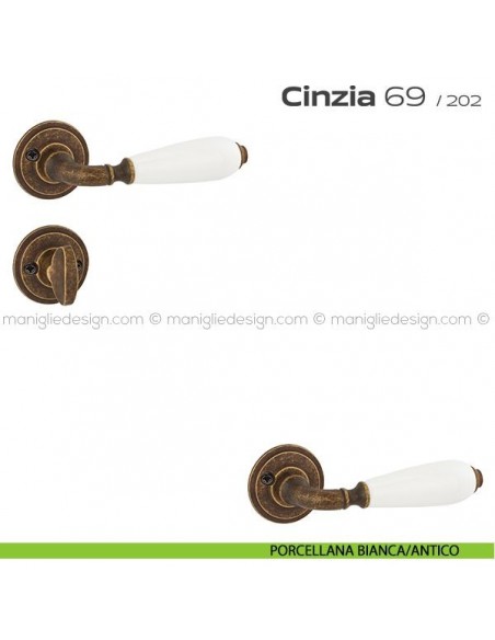 Maniglia in porcellana per porta con nottolino 069 Cinzia Reguitti con viti a vista porcellana bianca/antico