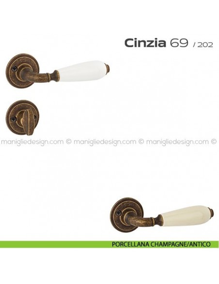 Maniglia in porcellana per porta con nottolino 069 Cinzia Reguitti con viti a vista porcellana champagne/antico