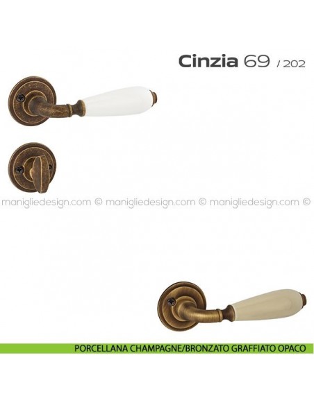 Maniglia in porcellana per porta con nottolino 069 Cinzia Reguitti con viti a vista porcellana champagne/bronzato graffiato 