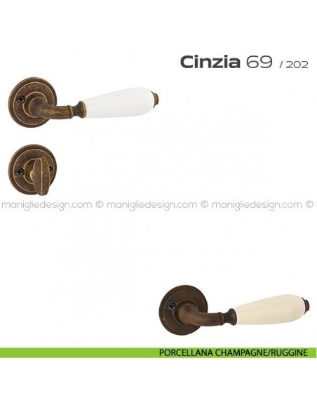 Maniglia in porcellana per porta con nottolino 069 Cinzia Reguitti con viti a vista porcellana champagne/ruggine