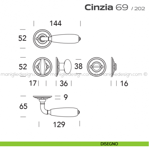 Maniglia in porcellana per porta con nottolino 069 Cinzia Reguitti con viti a vista disegno