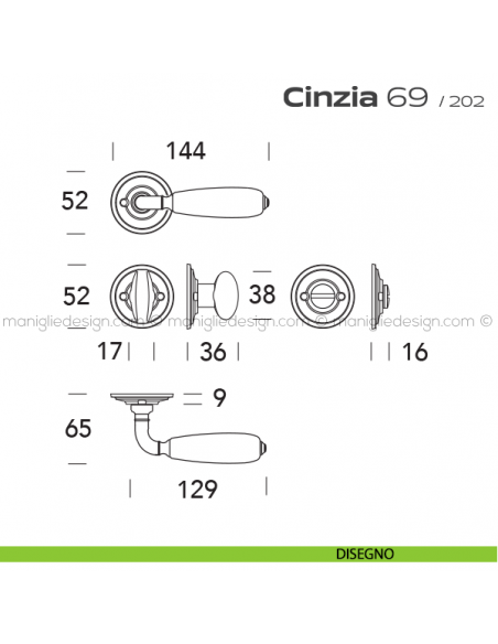 Maniglia in porcellana per porta con nottolino 069 Cinzia Reguitti con viti a vista disegno