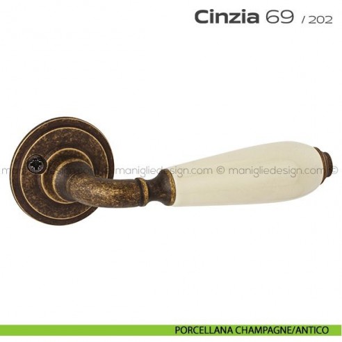 Maniglia in porcellana per porta 069 Cinzia Reguitti con viti a vista porcellana champagne/antico