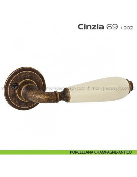 Maniglia in porcellana per porta 069 Cinzia Reguitti con viti a vista porcellana champagne/antico