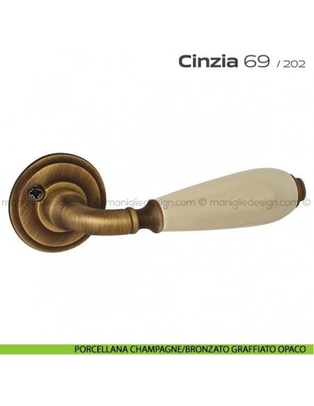 Maniglia in porcellana per porta 069 Cinzia Reguitti con viti a vista porcellana champagne/bronzato graffiato opaco