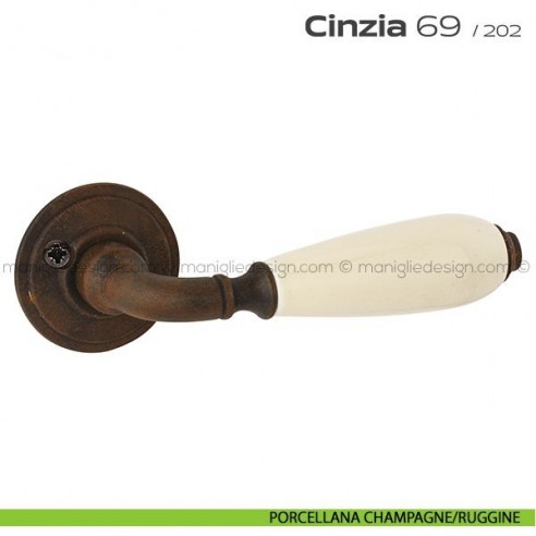Maniglia in porcellana per porta 069 Cinzia Reguitti con viti a vista porcellana champagne/ruggine