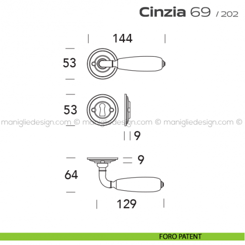 Maniglia in porcellana per porta 069 Cinzia Reguitti con viti a vista foro patent