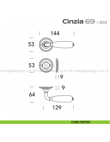 Maniglia in porcellana per porta 069 Cinzia Reguitti con viti a vista foro patent