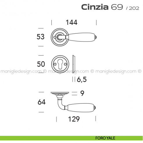 Maniglia in porcellana per porta 069 Cinzia Reguitti con viti a vista foro yale