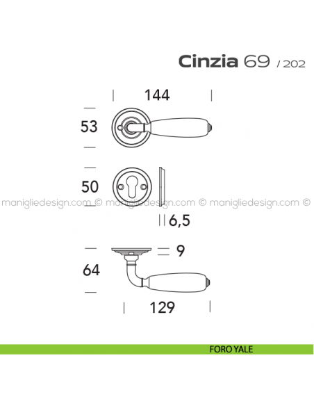 Maniglia in porcellana per porta 069 Cinzia Reguitti con viti a vista foro yale