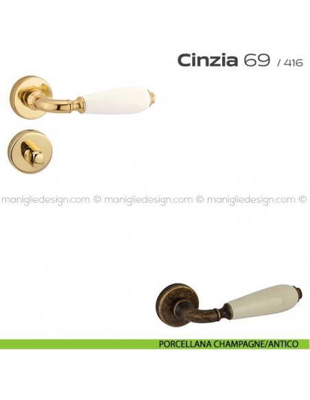 Maniglia con porcellana per porta con nottolino 069 Cinzia Reguitti porcellana champagne/antico