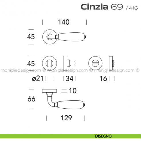 Maniglia con porcellana per porta con nottolino 069 Cinzia Reguitti disegno
