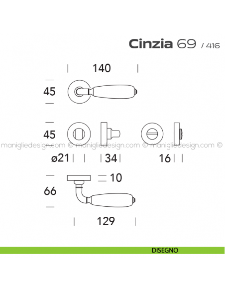 Maniglia con porcellana per porta con nottolino 069 Cinzia Reguitti disegno