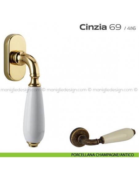 Maniglia martellina DK per finestra 069 Cinzia Reguitti porcellana champagne/antico
