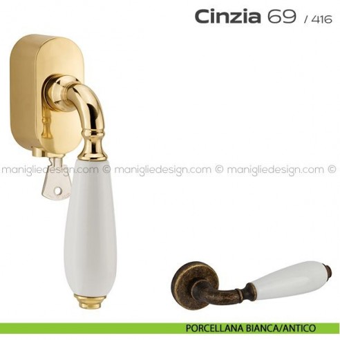Maniglia per finestra martellina DK con chiave su placca 069 Cinzia Reguitti porcellana bianca/antico