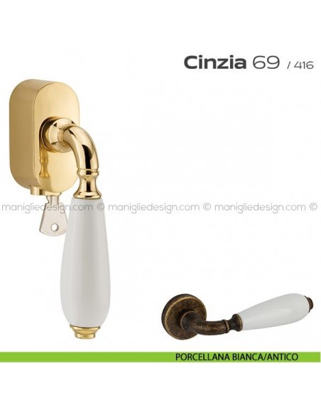 Maniglia per finestra martellina DK con chiave su placca 069 Cinzia Reguitti porcellana bianca/antico