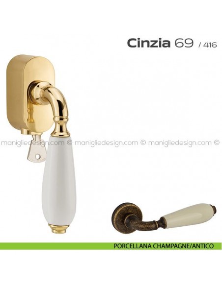 Maniglia per finestra martellina DK con chiave su placca 069 Cinzia Reguitti porcellana champagne/antico