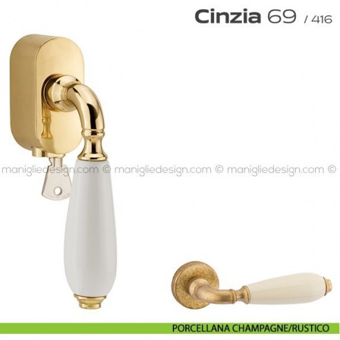 Maniglia per finestra martellina DK con chiave su placca 069 Cinzia Reguitti porcellana champagne/rustico