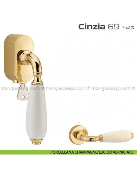 Maniglia per finestra martellina DK con chiave su placca 069 Cinzia Reguitti porcellana champagne/lucido verniciato