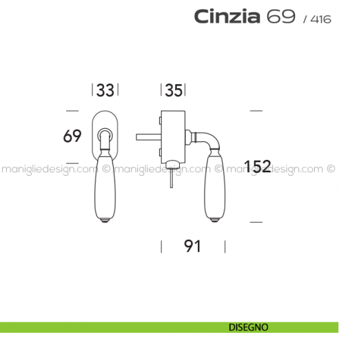 Maniglia per finestra martellina DK con chiave su placca 069 Cinzia Reguitti disegno