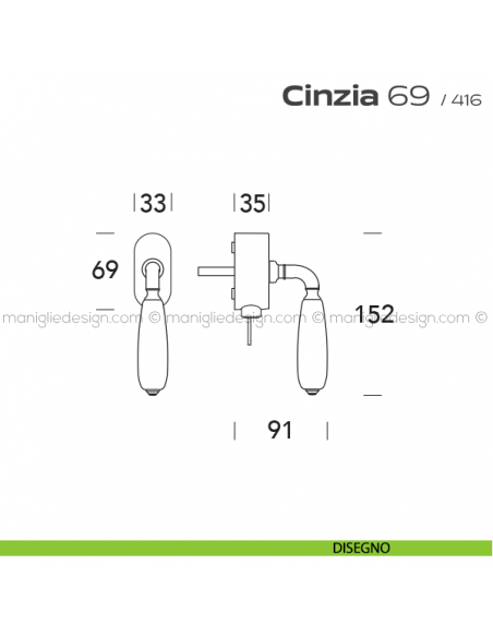 Maniglia per finestra martellina DK con chiave su placca 069 Cinzia Reguitti disegno