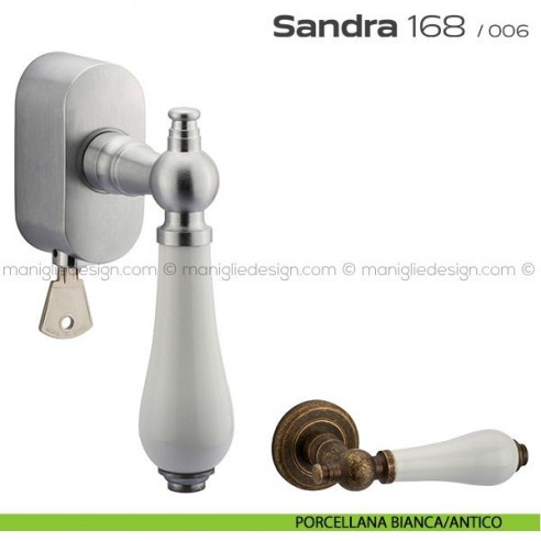 Maniglia per finestra martellina DK con chiave su placca 168 Sandra Reguitti porcellana bianca/antico
