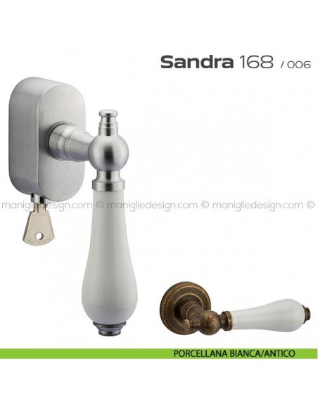 Maniglia per finestra martellina DK con chiave su placca 168 Sandra Reguitti porcellana bianca/antico