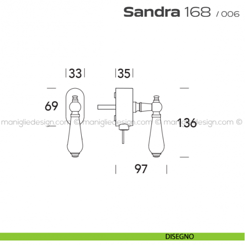 Maniglia per finestra martellina DK con chiave su placca 168 Sandra Reguitti disegno