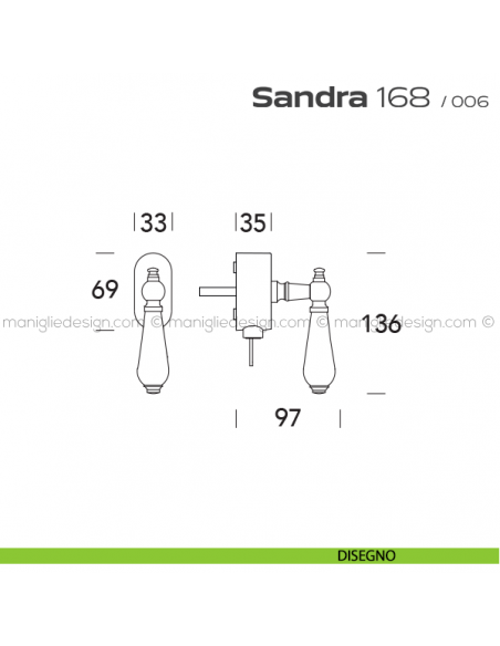 Maniglia per finestra martellina DK con chiave su placca 168 Sandra Reguitti disegno