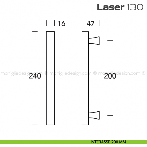Maniglione per porta 130 LASER Reguitti senza rosette interasse 200 mm